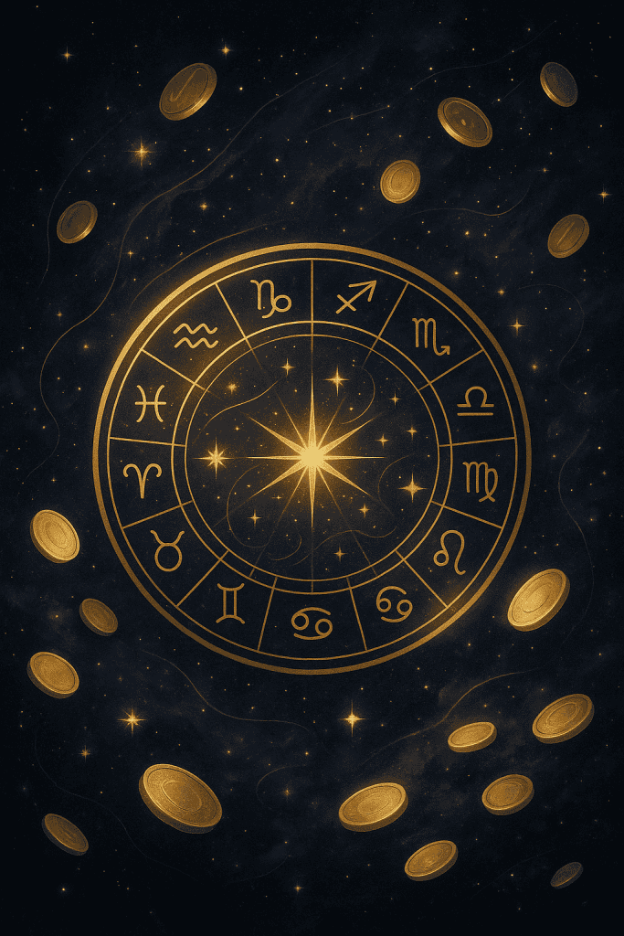 Circular zodiac chart with golden coins floating against a mystical night sky