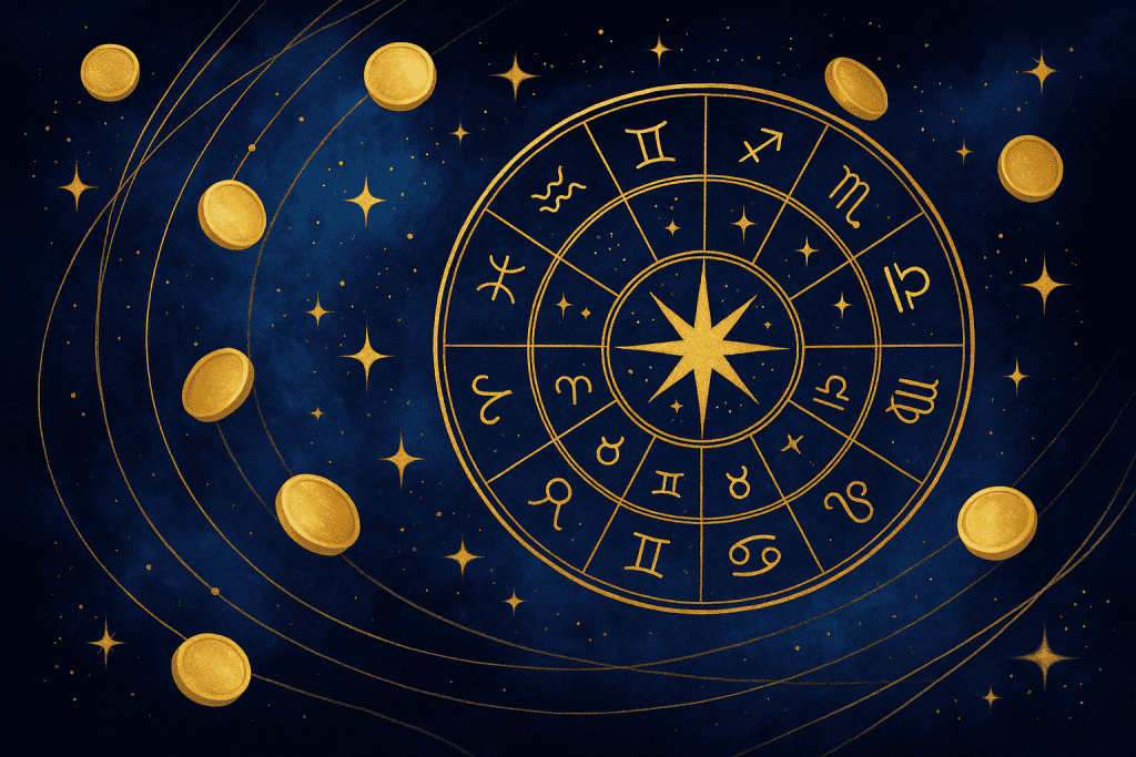 Cosmic zodiac wheel with golden coins swirling around in a dark blue night sky
