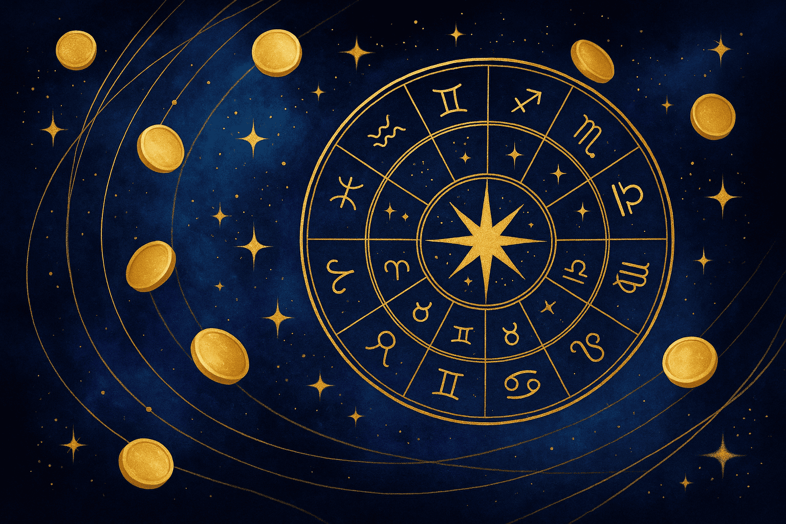 Cosmic zodiac wheel with golden coins swirling around in a dark blue night sky